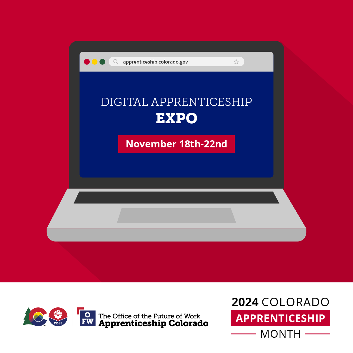 Graphic of a laptop with the text Colorado Digital Apprenticeship Expo and Apprenticeship Colorado Logo