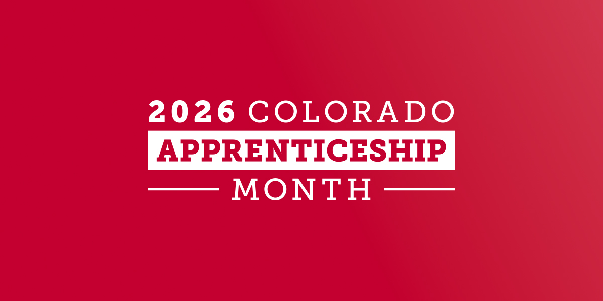 Red graphic with white text 2026 Colorado Apprenticeship Month