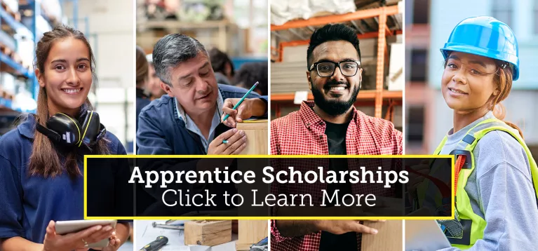 Diverse cohort of apprentices in an office; Text - Apprentice Scholarships Click to Learn More
